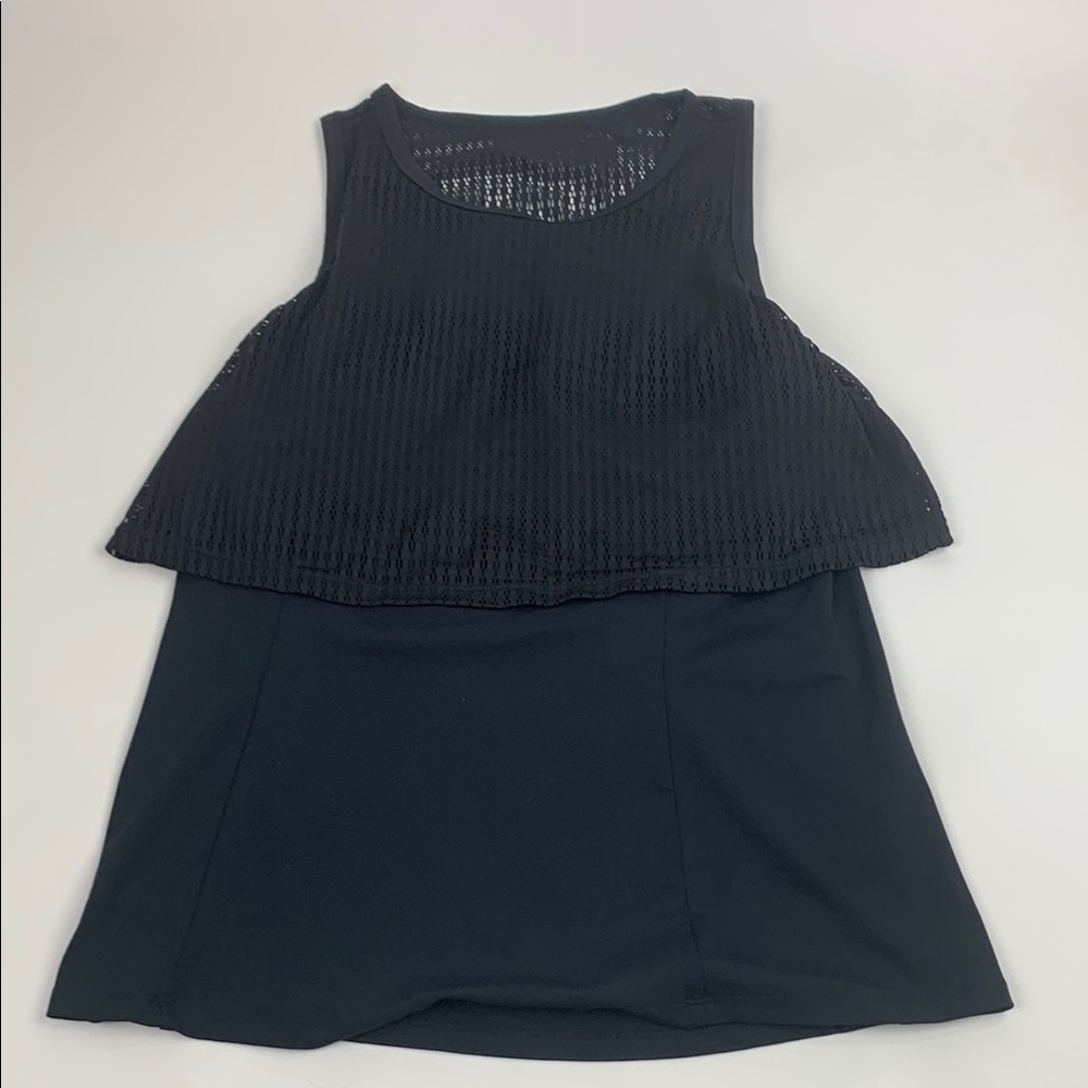 Fabletics Black Sleeveless Layered mesh Top Size Medium Built in padded bra